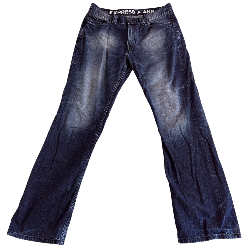 Express Blake Loose Fit Bootcut Jeans Mens 35x32.5 Blue Denim Stretch Low Rise‎
